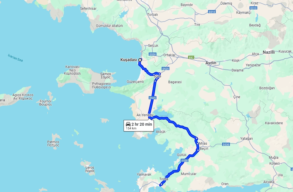 kusadasi to bodrum on map
