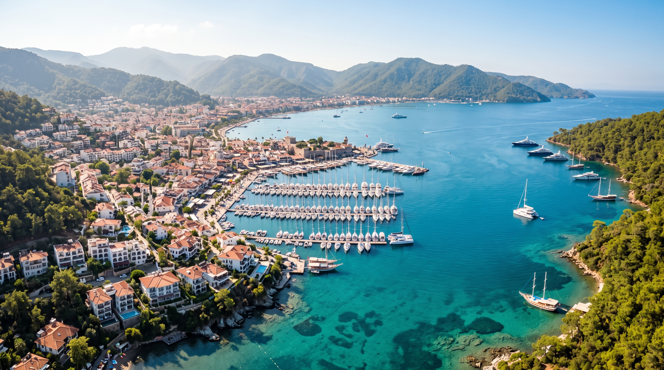 تور مارماریس هتل یوآل High-end commercial travel photography, ultra-realistic aerial drone shot of Marmaris Turquoise Coast, pristine azure waters with visible sea floor, sleek white luxury superyachts anchored, dense Mediterranean pine forest descending into rocky coves, warm golden hour sun flare, cinematic lighting, Hasselblad medium format color grading, hyper-detailed 8k --ar 16:9 --v 6.0 --style raw نسخه زاویه دید گسترده با تمرکز بر شهر و مارینا (Town & Marina Focus): Panoramic wide-angle aerial view of Marmaris bay and Netsel Marina, hundreds of white sailing boats docked, terracotta rooftop villas nestled against lush pine hills, sparkling crystal clear turquoise sea, vibrant summer atmosphere, soft atmospheric haze, travel brochure hero image, 8k resolution, cinematic composition --ar 16:9 نسخه پوستر و بنر تبلیغاتی (همراه با فضای منفی مناسب متن): Clean commercial advertising background, vast aerial shot of Marmaris emerald and azure bay, calm sea surface with gentle ripples, solitary luxury catamaran sailing smoothly, rolling green mountains on the horizon, bright sunny sky with ample negative space for typography, high key travel editorial photography, 8k --ar 16:9